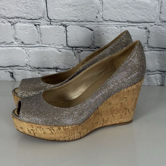 Stuart Weitzman Anna Wedge Women 6 Silver Glitter Cork Platform Peep Toe Pumps - Picture 8 of 15